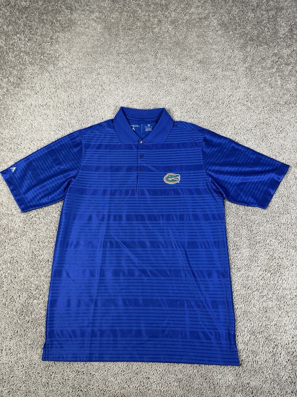 Florida Gators Shirt Mens M Blue Striped Polyester Antigua Short Sleeve Polo